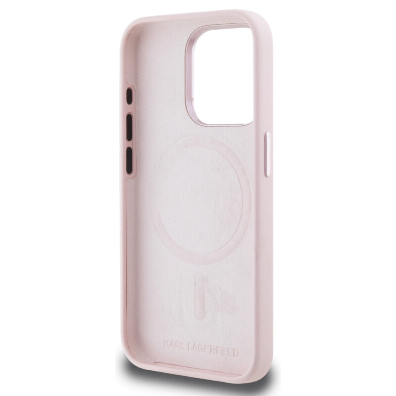 Husa Karl Lagerfeld iPhone 15 Pro Silicone MagSafe, Shadow Metal Initial, roz, KLHMP15LSCMKMPCP