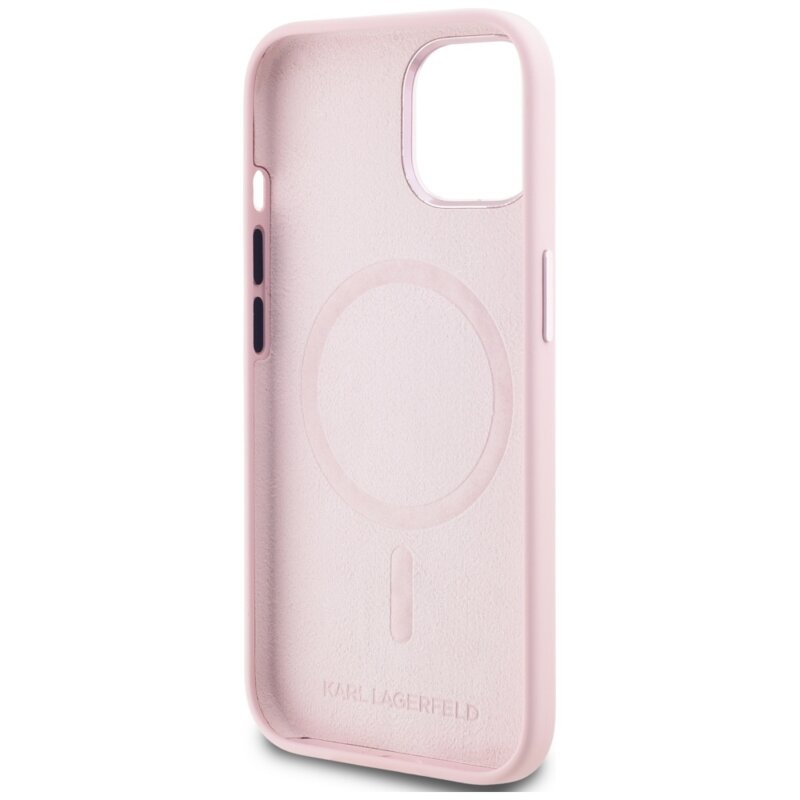 Husa Karl Lagerfeld iPhone 15 Silicone MagSafe, Shadow Metal Initial, roz, KLHMP15SSCMKMPCP