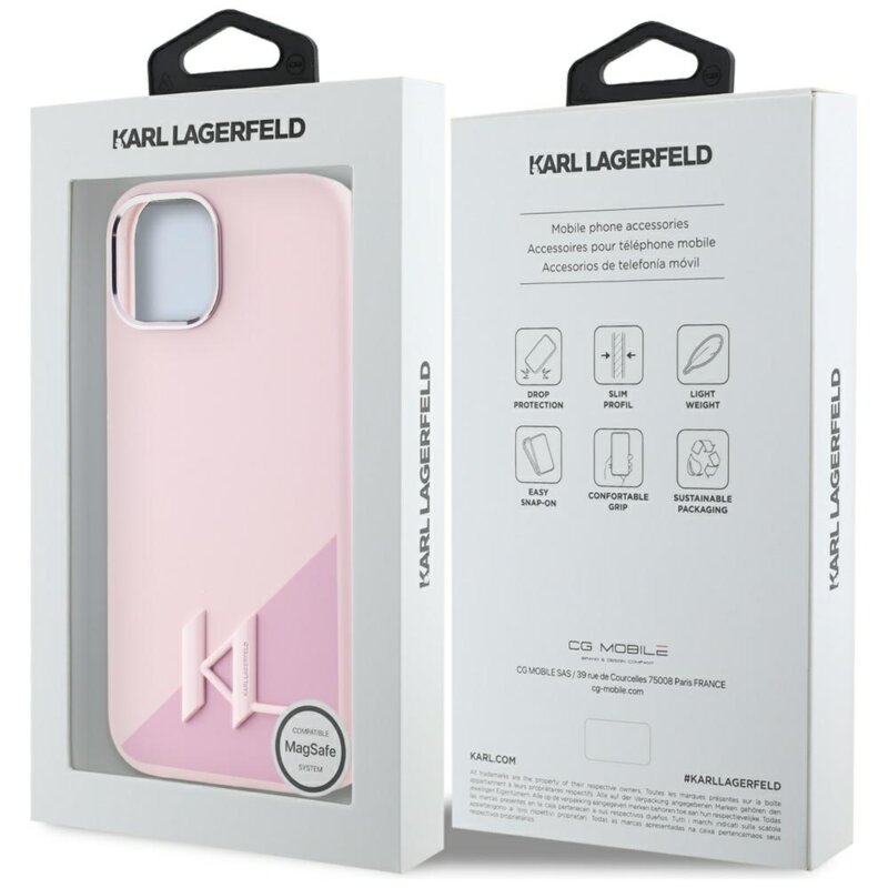 Husa Karl Lagerfeld iPhone 15 Silicone MagSafe, Shadow Metal Initial, roz, KLHMP15SSCMKMPCP