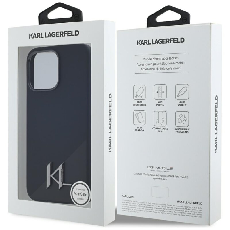 Husa Karl Lagerfeld iPhone 15 Pro Max Silicone MagSafe, Shadow Metal Initial, negru, KLHMP15XSCMKMPCK