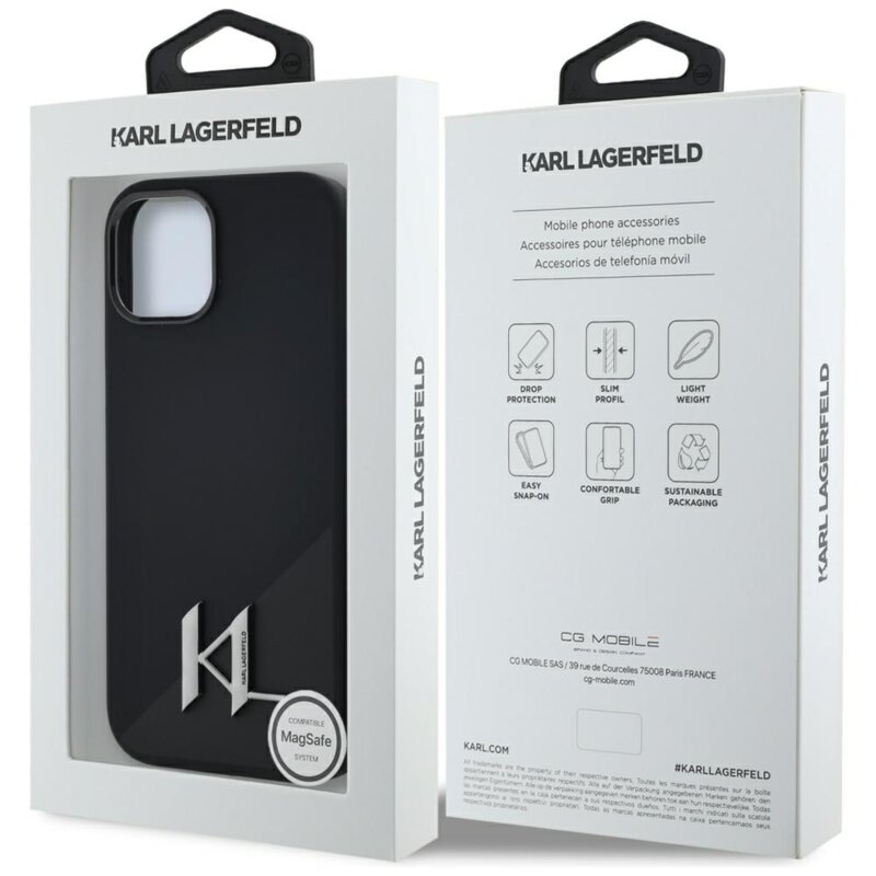 Husa Karl Lagerfeld iPhone 15 Silicone MagSafe, Shadow Metal Initial, negru, KLHMP15SSCMKMPCK