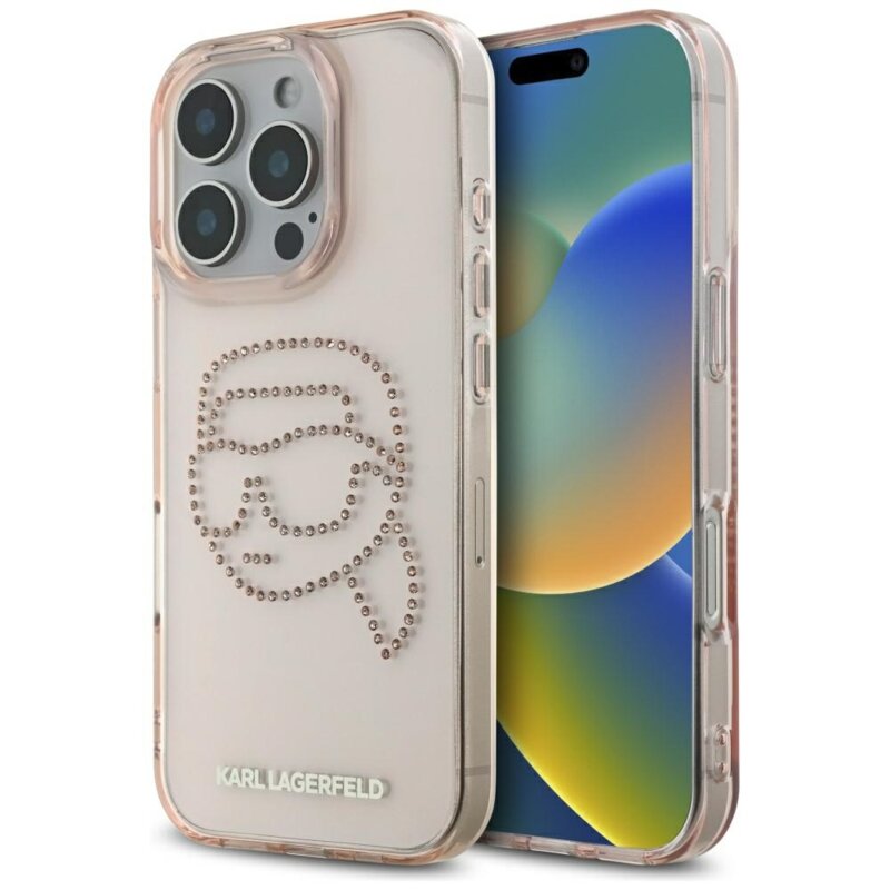 Husa iPhone 16 Pro Max Karl Lagerfeld IML Rhinestones, Karl Head, roz, KLHCP16XHKHDCELP