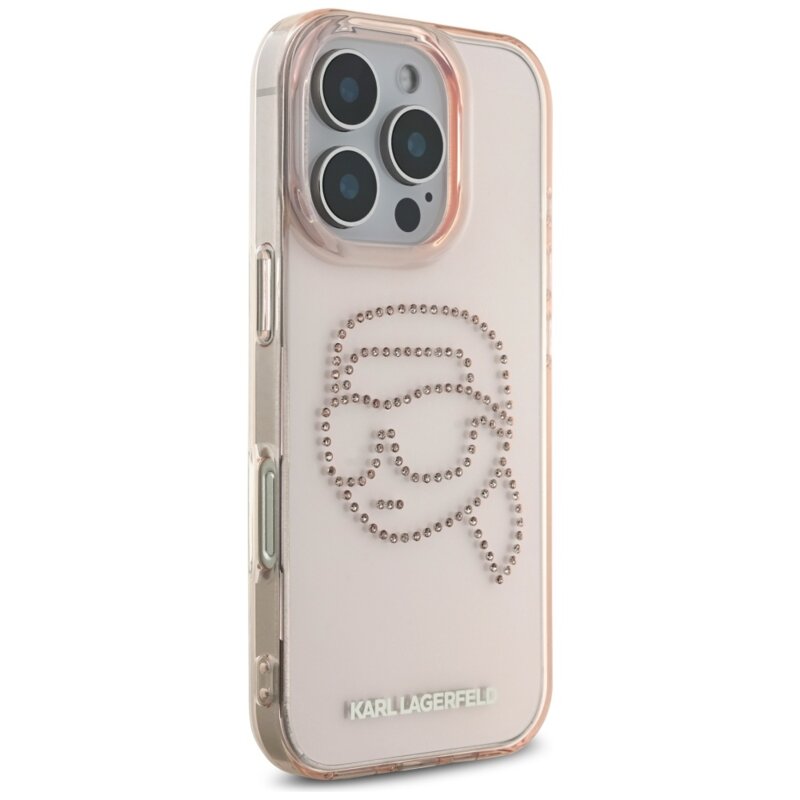 Husa iPhone 16 Pro Max Karl Lagerfeld IML Rhinestones, Karl Head, roz, KLHCP16XHKHDCELP