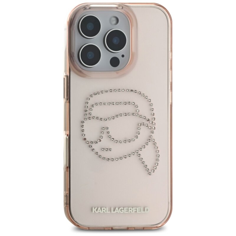 Husa iPhone 16 Pro Karl Lagerfeld IML Rhinestones, Karl Head, roz, KLHCP16LHKHDCELP