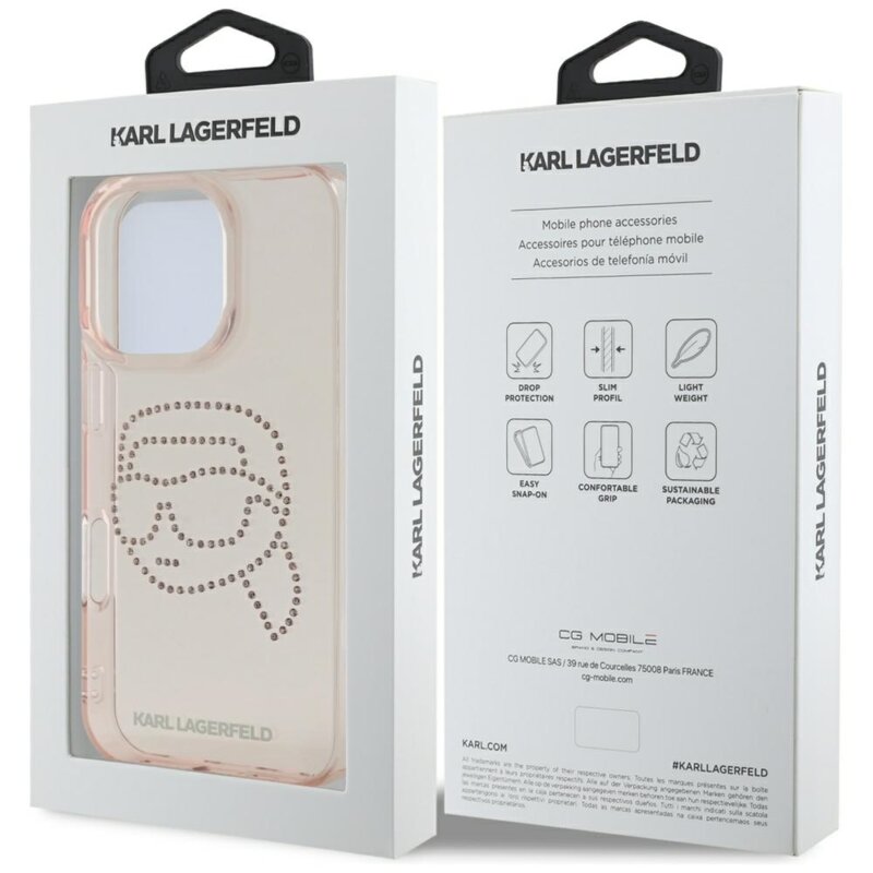 Husa iPhone 16 Pro Karl Lagerfeld IML Rhinestones, Karl Head, roz, KLHCP16LHKHDCELP