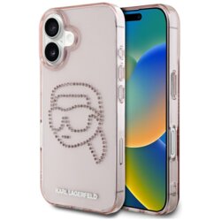 Husa iPhone 16 Karl Lagerfeld IML Rhinestones, Karl Head, roz, KLHCP16SHKHDCELP