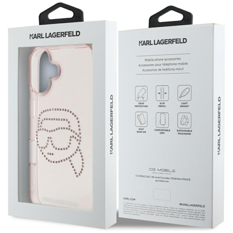 Husa iPhone 16 Karl Lagerfeld IML Rhinestones, Karl Head, roz, KLHCP16SHKHDCELP