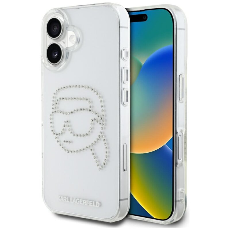 Husa iPhone 16 Karl Lagerfeld IML Rhinestones, Karl Head Transparent, KLHCP16SHKHDCELT
