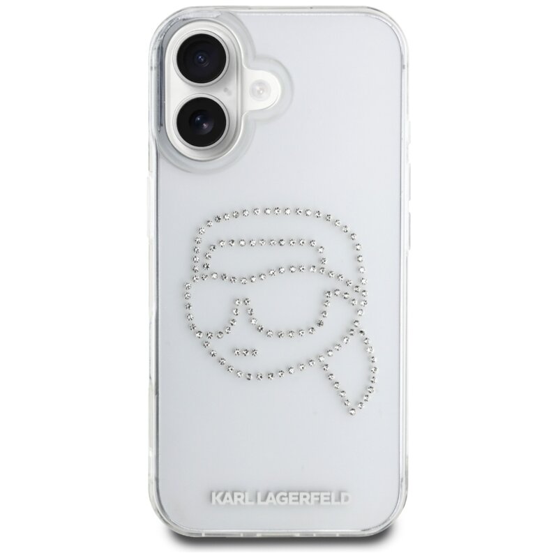 Husa iPhone 16 Karl Lagerfeld IML Rhinestones, Karl Head Transparent, KLHCP16SHKHDCELT