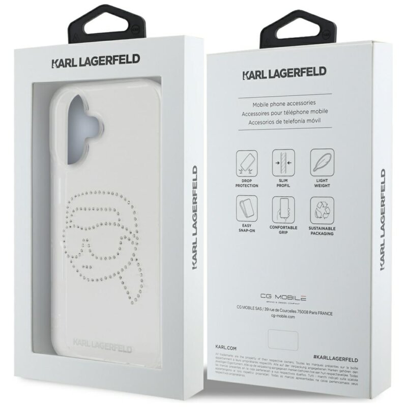 Husa iPhone 16 Karl Lagerfeld IML Rhinestones, Karl Head Transparent, KLHCP16SHKHDCELT