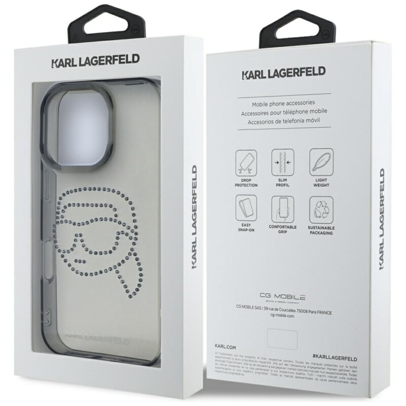 Husa iPhone 16 Pro Karl Lagerfeld IML Rhinestones, Karl Head, negru, KLHCP16LHKHDCELK
