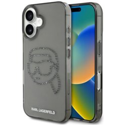 Husa iPhone 16 Karl Lagerfeld IML Rhinestones, Karl Head Transparent, negru, KLHCP16SHKHDCELK