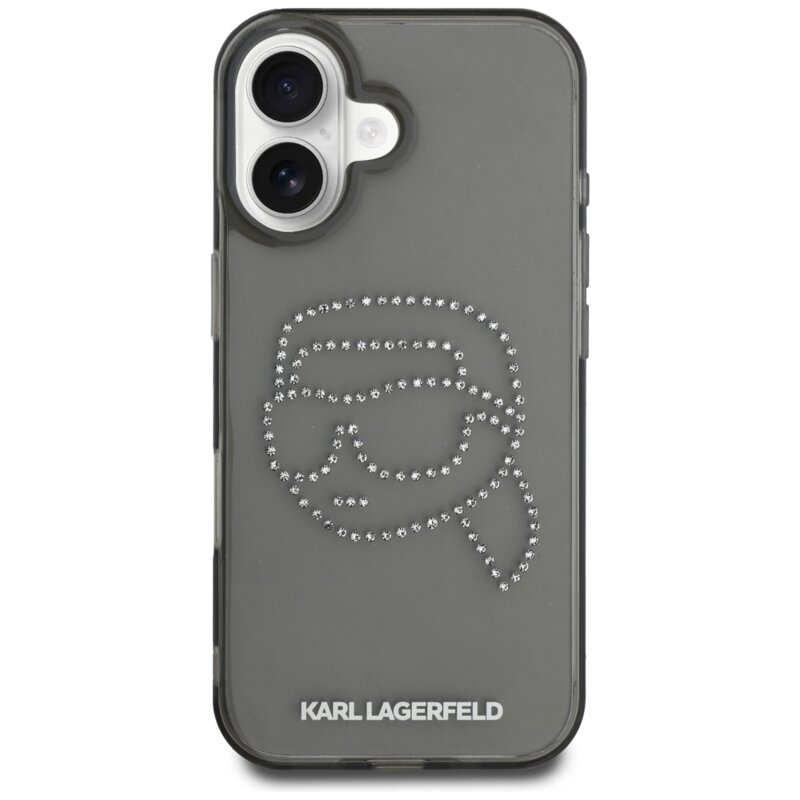 Husa iPhone 16 Karl Lagerfeld IML Rhinestones, Karl Head Transparent, negru, KLHCP16SHKHDCELK