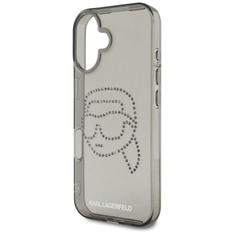 Husa iPhone 16 Karl Lagerfeld IML Rhinestones, Karl Head Transparent, negru, KLHCP16SHKHDCELK