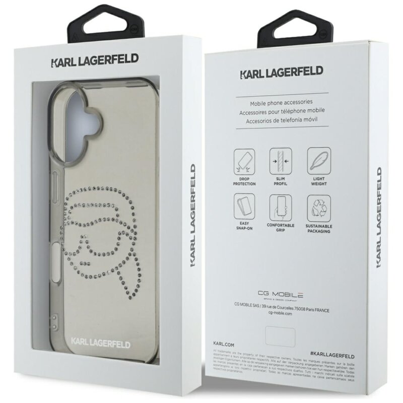 Husa iPhone 16 Karl Lagerfeld IML Rhinestones, Karl Head Transparent, negru, KLHCP16SHKHDCELK