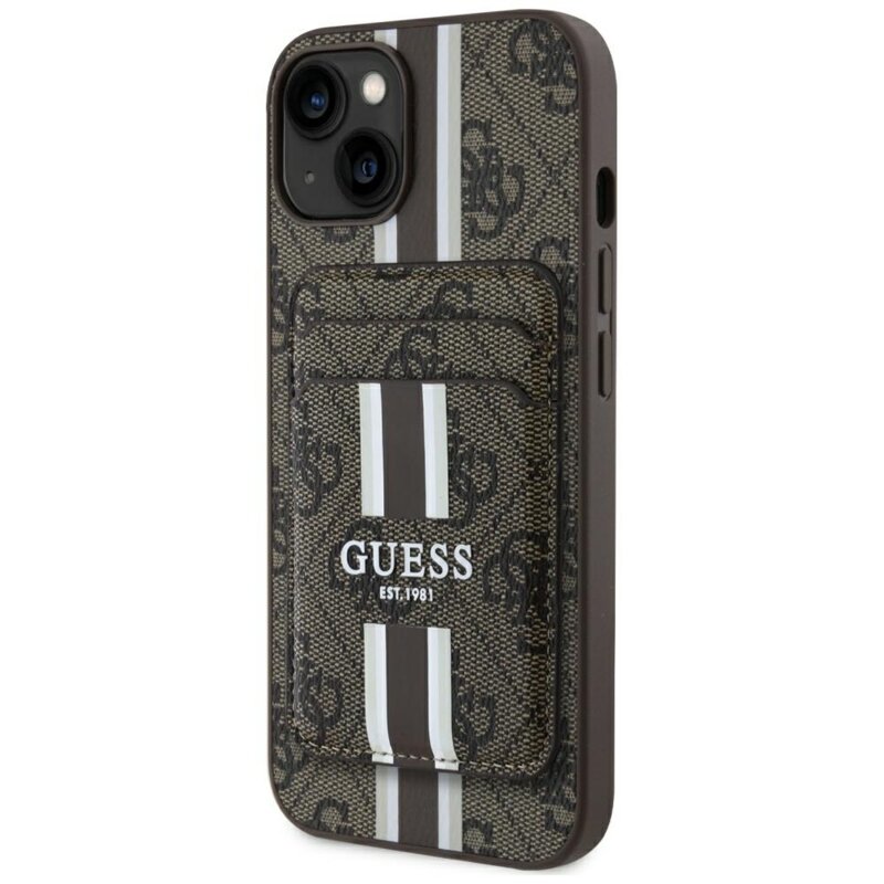 Husa Guess Cardslot 4G Stripes MagSafe iPhone 15, maro, GUBPHCP15SP4RPSW