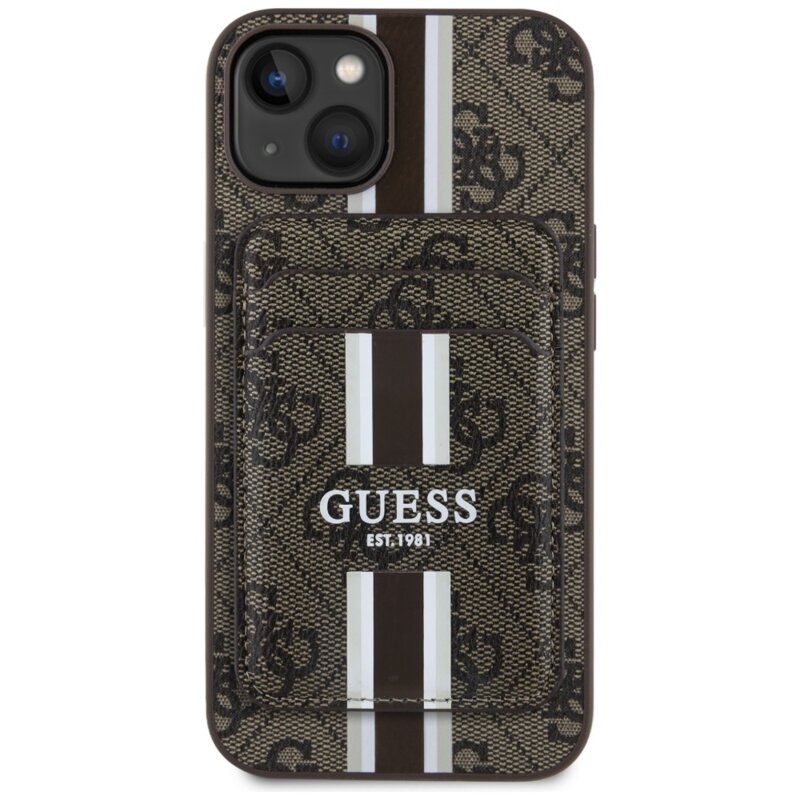 Husa Guess Cardslot 4G Stripes MagSafe iPhone 15, maro, GUBPHCP15SP4RPSW