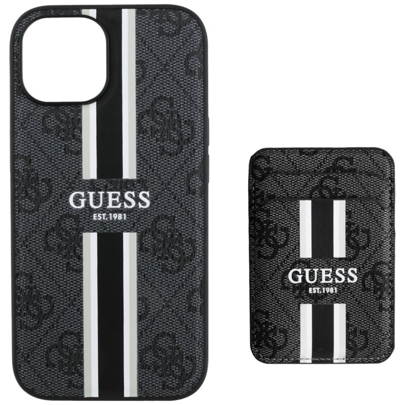 Husa Guess Cardslot 4G Stripes MagSafe iPhone 15, negru, GUBPHCP15SP4RPSK