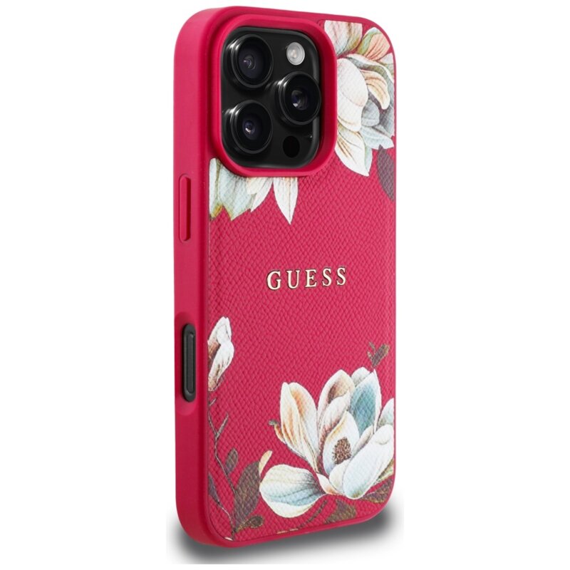 Husa iPhone 16 Pro Max Guess Grained Flowers MagSafe, fucsia, GUHMP16XPGNMPLMF