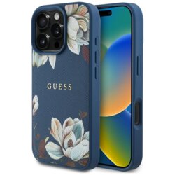 Husa iPhone 16 Pro Max Guess Grained Flowers MagSafe, albastru, GUHMP16XPGNMPLMB