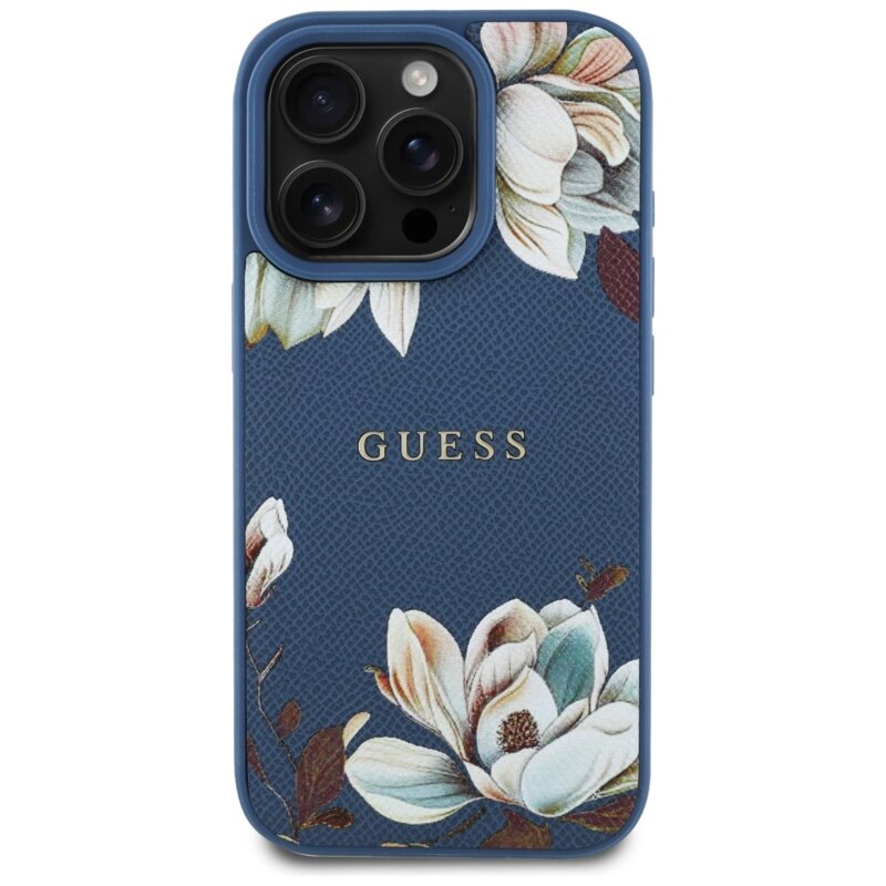 Husa iPhone 16 Pro Max Guess Grained Flowers MagSafe, albastru, GUHMP16XPGNMPLMB