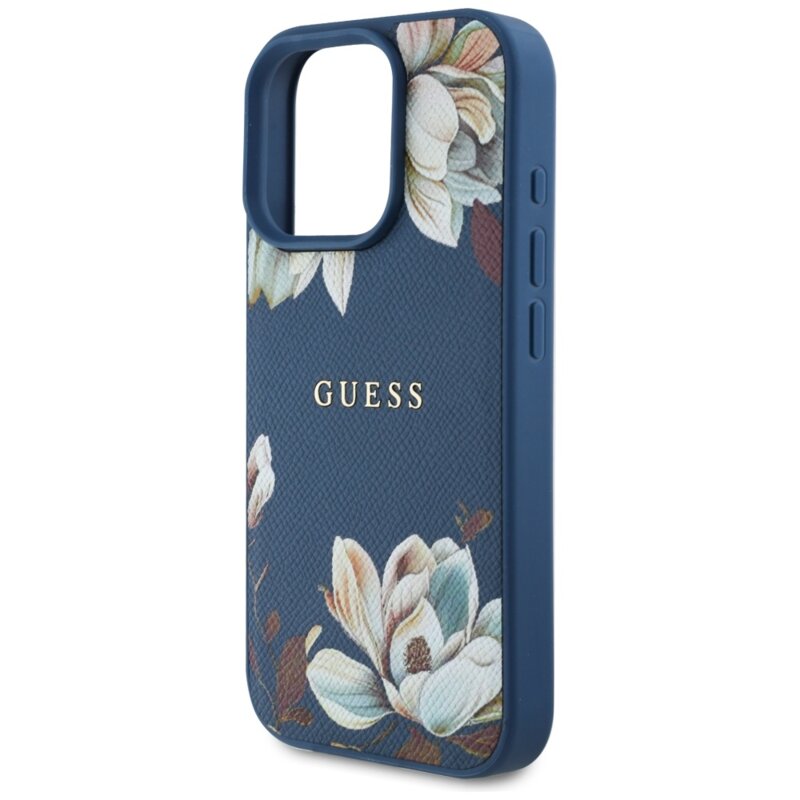 Husa iPhone 16 Pro Max Guess Grained Flowers MagSafe, albastru, GUHMP16XPGNMPLMB