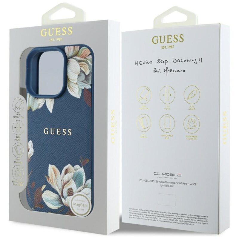 Husa iPhone 16 Pro Max Guess Grained Flowers MagSafe, albastru, GUHMP16XPGNMPLMB