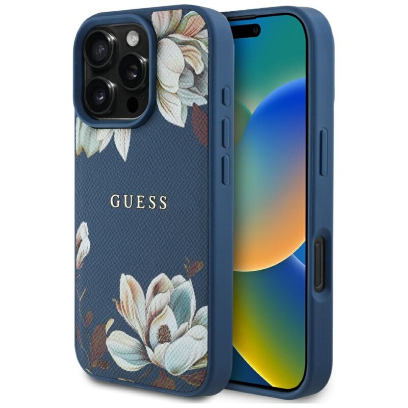 Husa iPhone 16 Pro Guess Grained Flowers MagSafe, albastru, GUHMP16LPGNMPLMB
