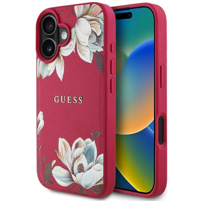 Husa iPhone 16 Guess Grained Flowers MagSafe, fucsia, GUHMP16SPGNMPLMF