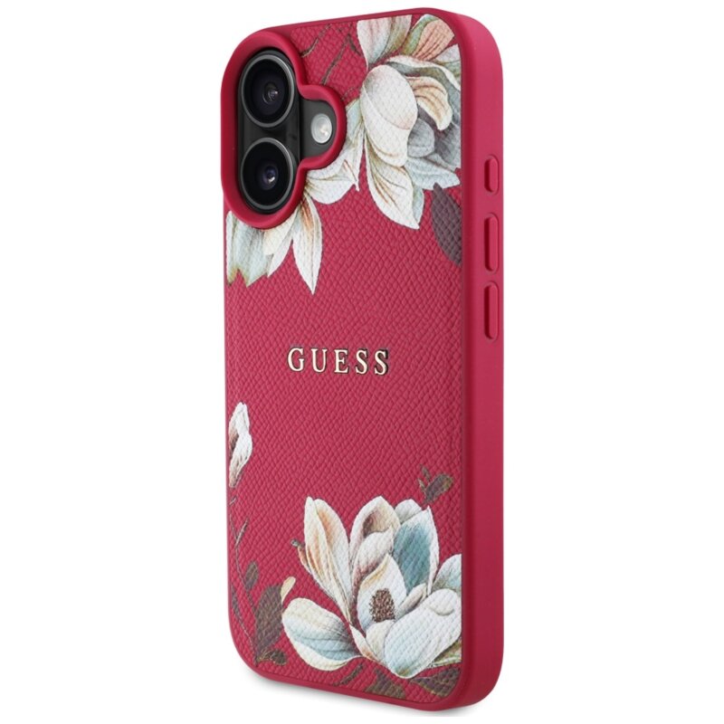 Husa iPhone 16 Guess Grained Flowers MagSafe, fucsia, GUHMP16SPGNMPLMF