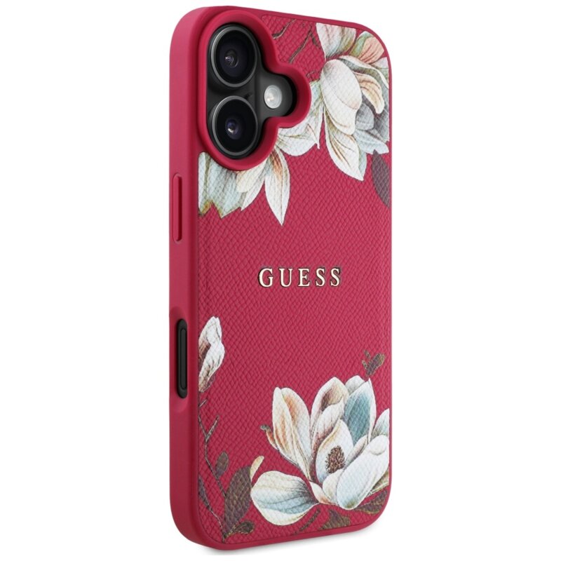 Husa iPhone 16 Guess Grained Flowers MagSafe, fucsia, GUHMP16SPGNMPLMF