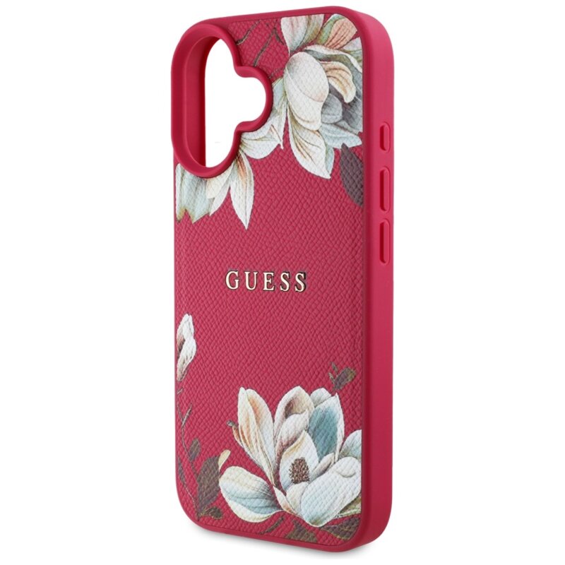 Husa iPhone 16 Guess Grained Flowers MagSafe, fucsia, GUHMP16SPGNMPLMF