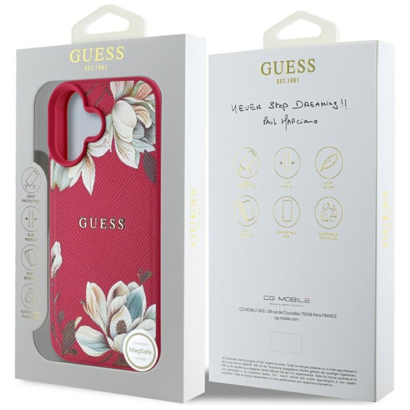 Husa iPhone 16 Guess Grained Flowers MagSafe, fucsia, GUHMP16SPGNMPLMF