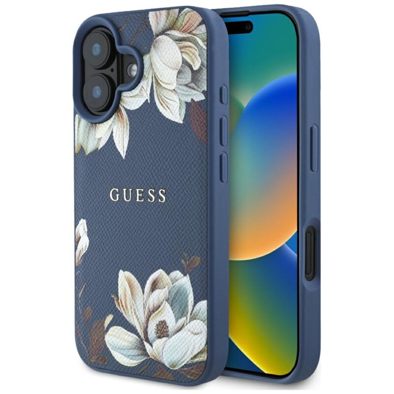 Husa iPhone 16 Guess Grained Flowers MagSafe, albastru, GUHMP16SPGNMPLMB