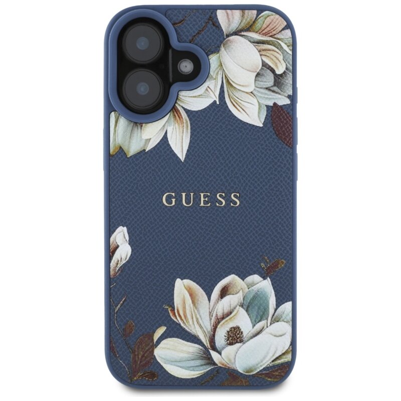 Husa iPhone 16 Guess Grained Flowers MagSafe, albastru, GUHMP16SPGNMPLMB