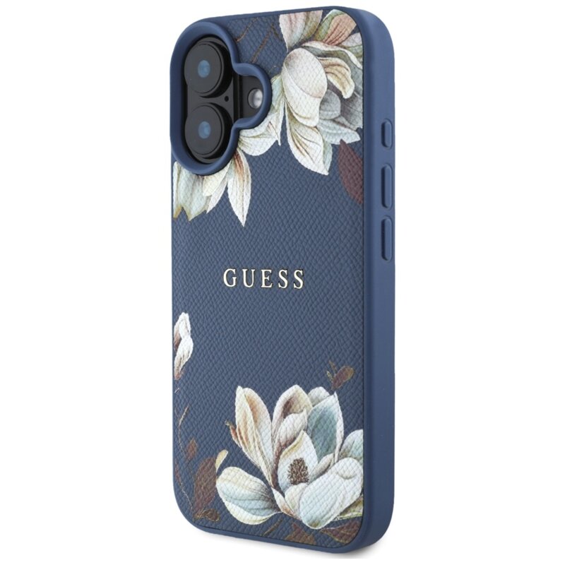 Husa iPhone 16 Guess Grained Flowers MagSafe, albastru, GUHMP16SPGNMPLMB