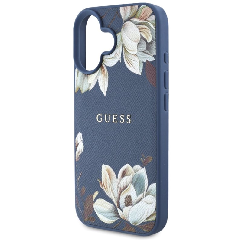 Husa iPhone 16 Guess Grained Flowers MagSafe, albastru, GUHMP16SPGNMPLMB