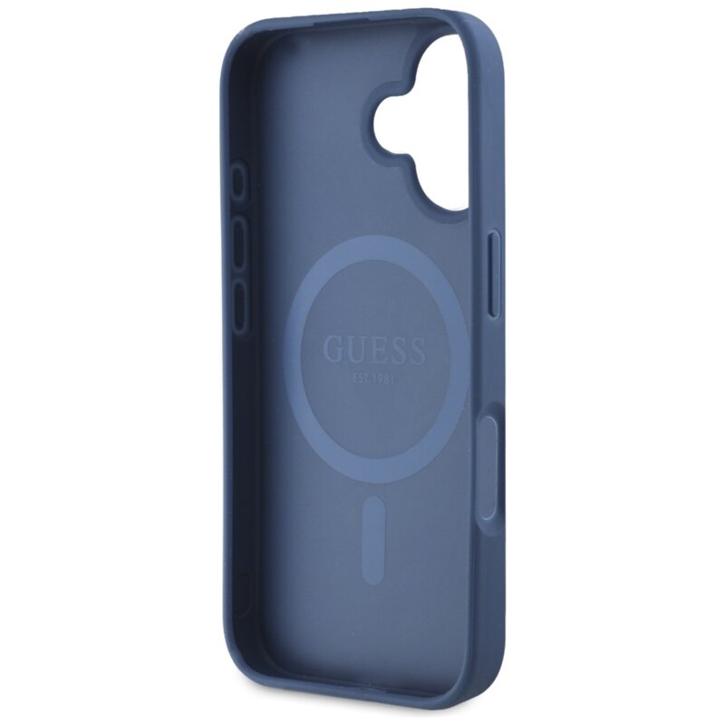 Husa iPhone 16 Guess Grained Flowers MagSafe, albastru, GUHMP16SPGNMPLMB