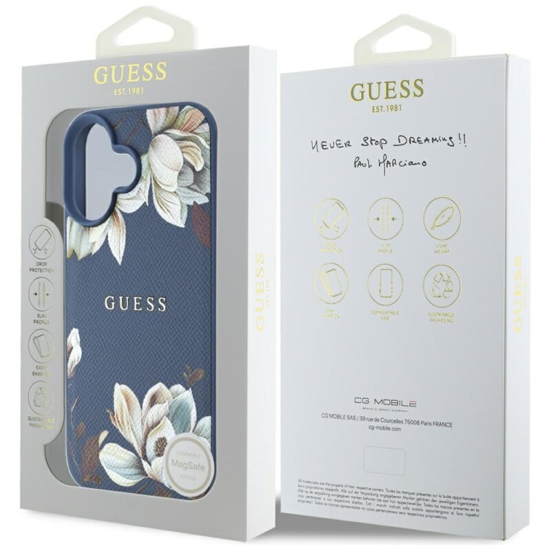 Husa iPhone 16 Guess Grained Flowers MagSafe, albastru, GUHMP16SPGNMPLMB