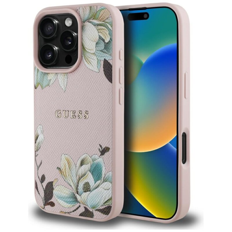 Husa iPhone 16 Pro Max Guess Grained Flowers MagSafe, roz, GUHMP16XPGNMPLMP