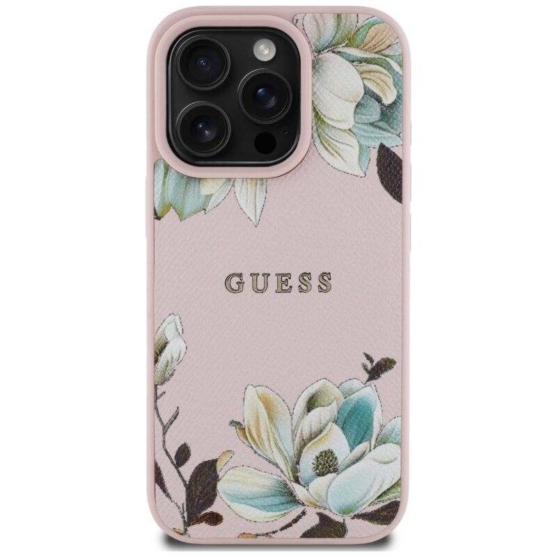 Husa iPhone 16 Pro Guess Grained Flowers MagSafe, roz, GUHMP16LPGNMPLMP