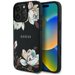 Husa iPhone 16 Pro Guess Grained Flowers MagSafe, negru, GUHMP16LPGNMPLMK