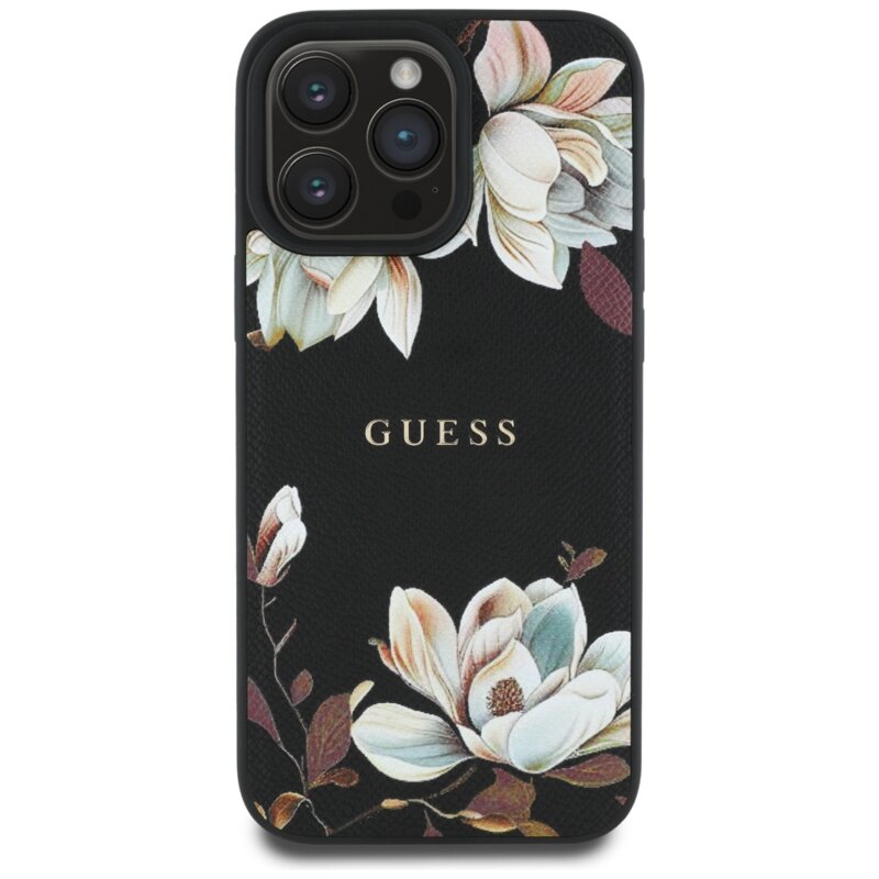 Husa iPhone 16 Pro Guess Grained Flowers MagSafe, negru, GUHMP16LPGNMPLMK