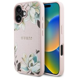 Husa iPhone 16 Guess Grained Flowers  MagSafe, roz, GUHMP16SPGNMPLMP