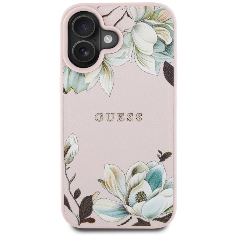 Husa iPhone 16 Guess Grained Flowers  MagSafe, roz, GUHMP16SPGNMPLMP