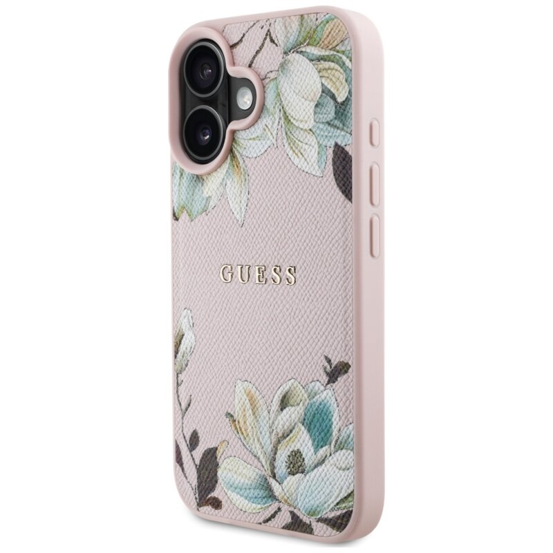 Husa iPhone 16 Guess Grained Flowers  MagSafe, roz, GUHMP16SPGNMPLMP