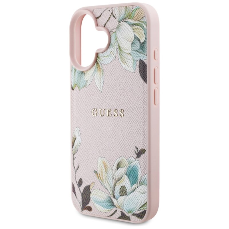 Husa iPhone 16 Guess Grained Flowers  MagSafe, roz, GUHMP16SPGNMPLMP