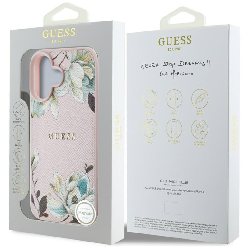 Husa iPhone 16 Guess Grained Flowers  MagSafe, roz, GUHMP16SPGNMPLMP