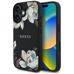 Husa iPhone 16 Guess Grained Flowers MagSafe, negru, GUHMP16SPGNMPLMK
