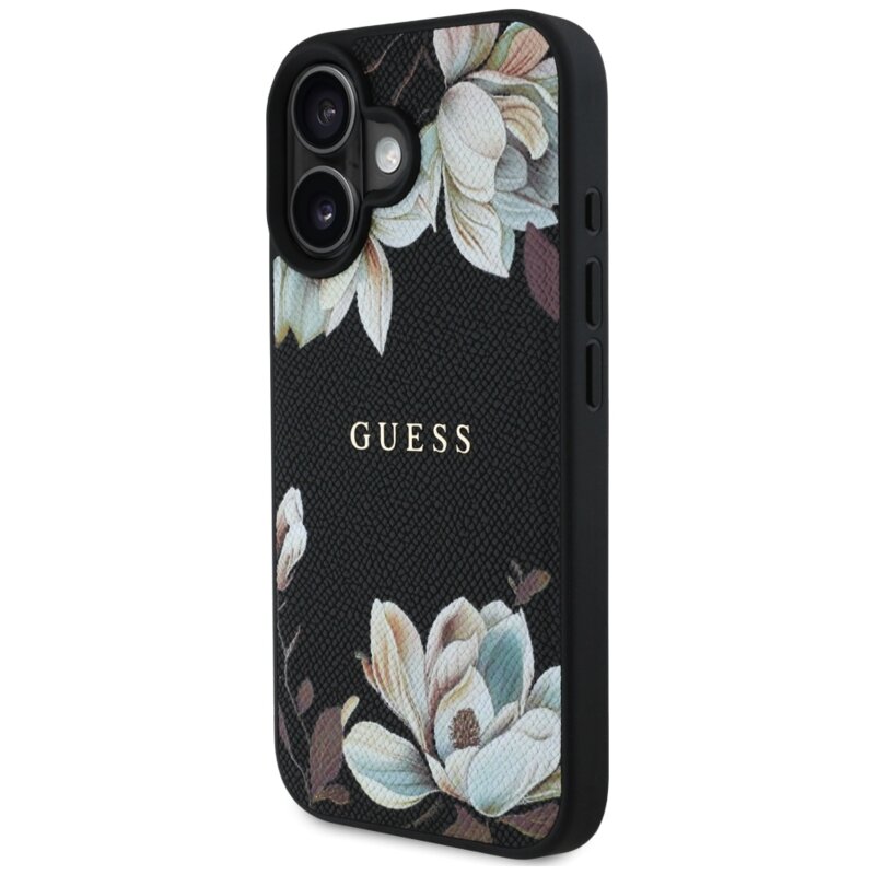Husa iPhone 16 Guess Grained Flowers MagSafe, negru, GUHMP16SPGNMPLMK